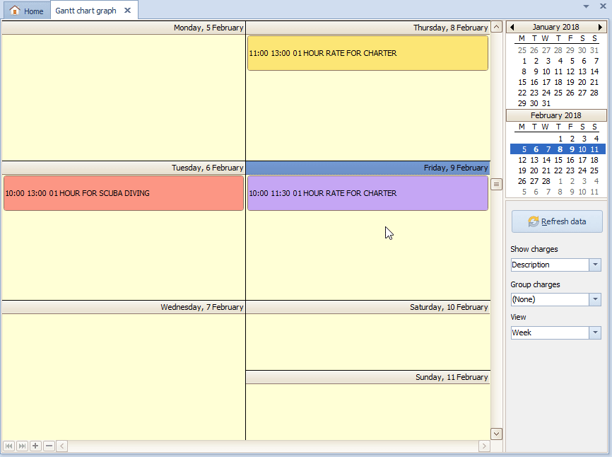 Boat Charter Calendar that shows which vessel is rented by whom and for how long